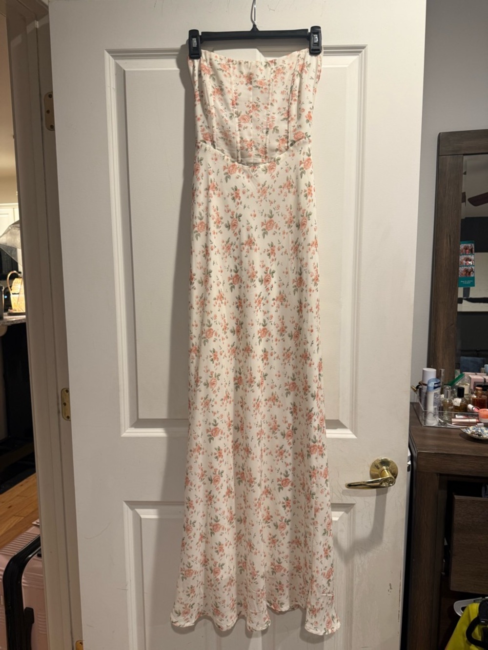Hello Molly Cream Floral Strapless Maxi with Pink & Green Print